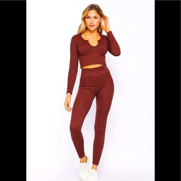 Seamless Rib-Knit Longsleeve Crop Top 2 Piece Set - Picture 4 of 6